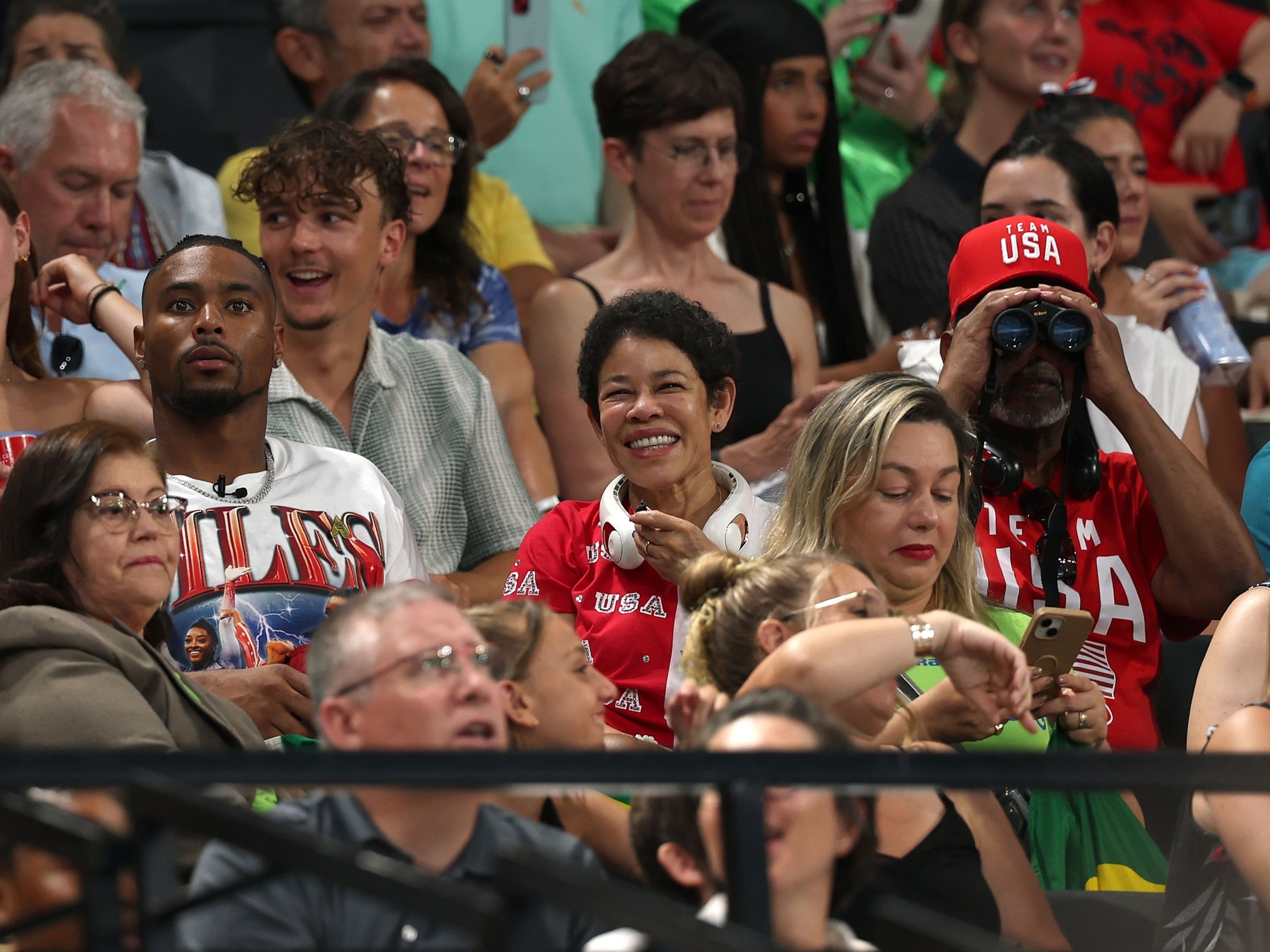 PHOTO: Family members of Simone Biles of Team United States look on prior to the Artistic Gymnastics Women's Team Final on day four of the Olympic Games Paris 2024 at Bercy Arena, on July 30, 2024, in Paris.