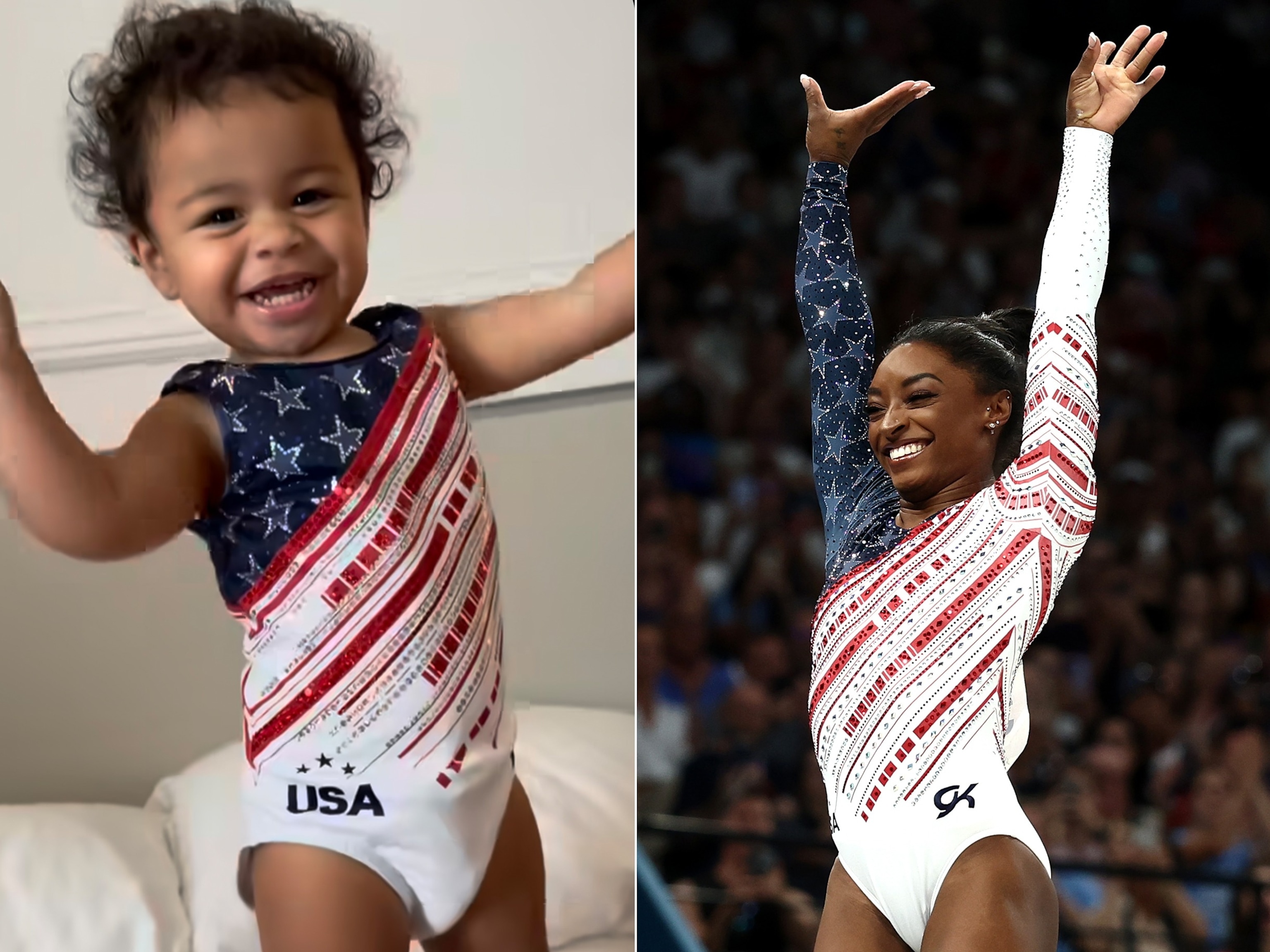PHOTO: In this split image, Simone Biles’ niece Ronni Biles is seen in matching leotard as her aunt in a video shared by her parents on Instagram.