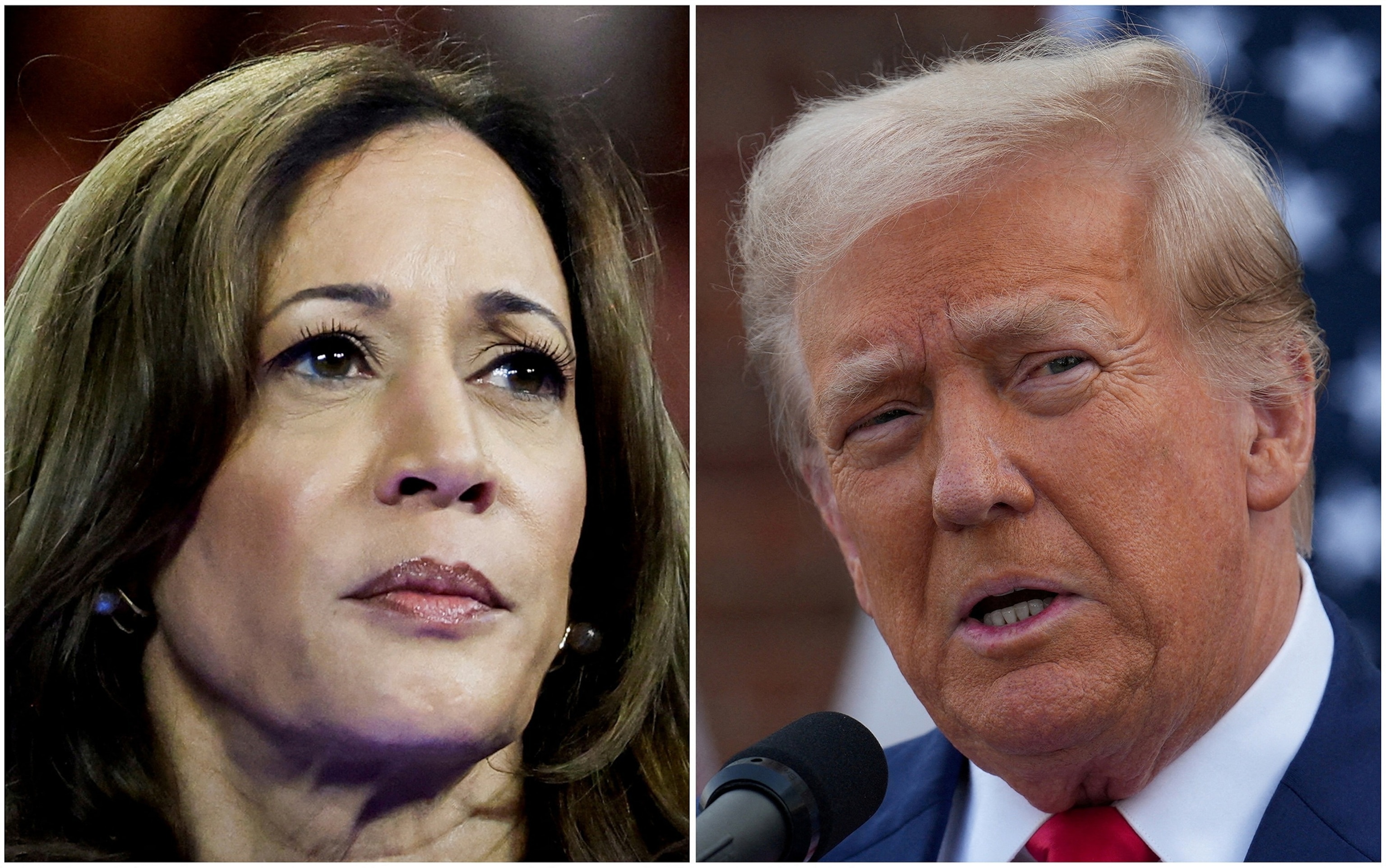 PHOTO: Vice President Kamala Harris in Milwaukee, Wisconsin, August 20, 2024 and Donald Trump in Bedminster, New Jersey, August 15, 2024 are seen in a combination of file photographs. 